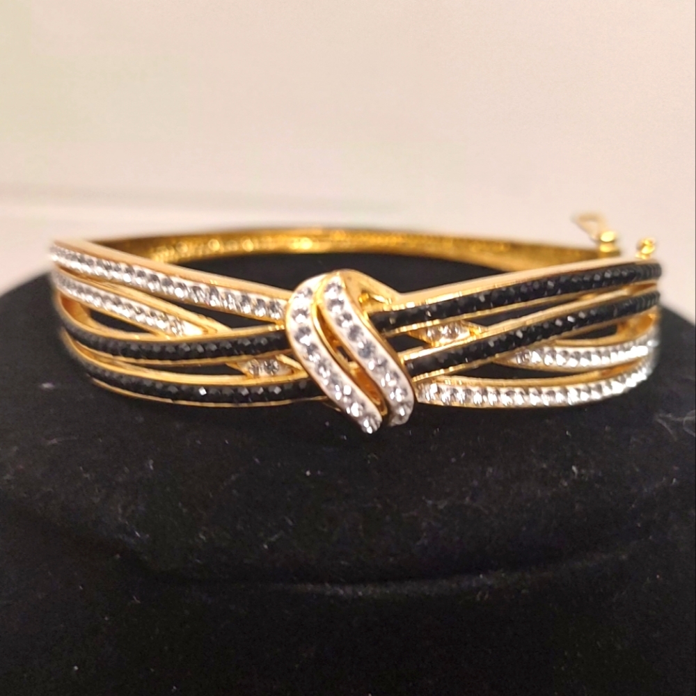 SETA Black and White gold Pave Crystal Crossover Bangle w/SWAROVSKI Elements